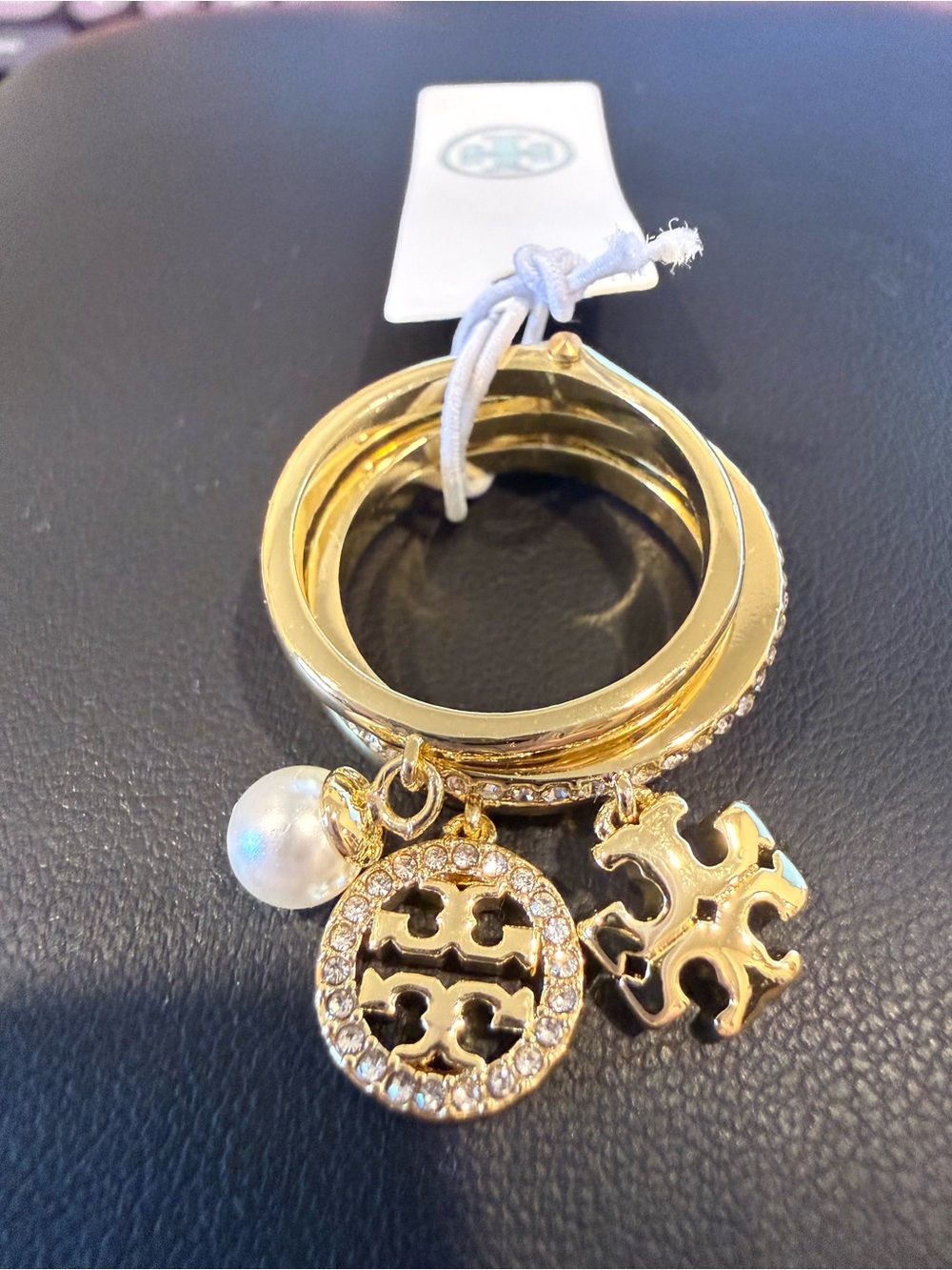Tory Burch | Gold-Plated, Pearl & Pave Crystal Logo Charm Ring | Size 7